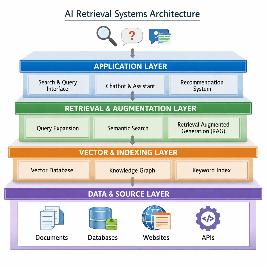 Diagram showing AI Retrieval Systems Architecture with four layers: Application Layer, Retrieval & Augmentation Layer, Vector & Indexing Layer, Data & Source Layer